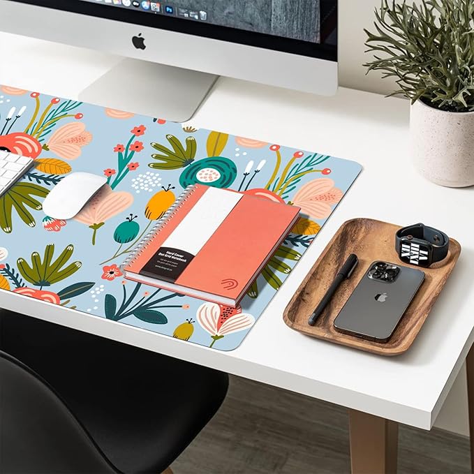 Desk Mat Large Protector Pad 27.5" ×13.8", Non-Slip PU Leather Desk Blotter, Waterproof Mouse Pad for Office Home Blue Floral