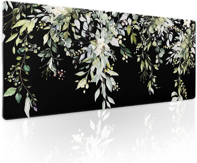 aportt Sage Green Leaves Gaming Mouse Pad XL Spring Summer Floral Extended Large Desk Mat Black Big Mousepad Non-Slip Rubber Base Stitched Edge Long for Desktop Office Computer Gamer,31.5×11.8 in