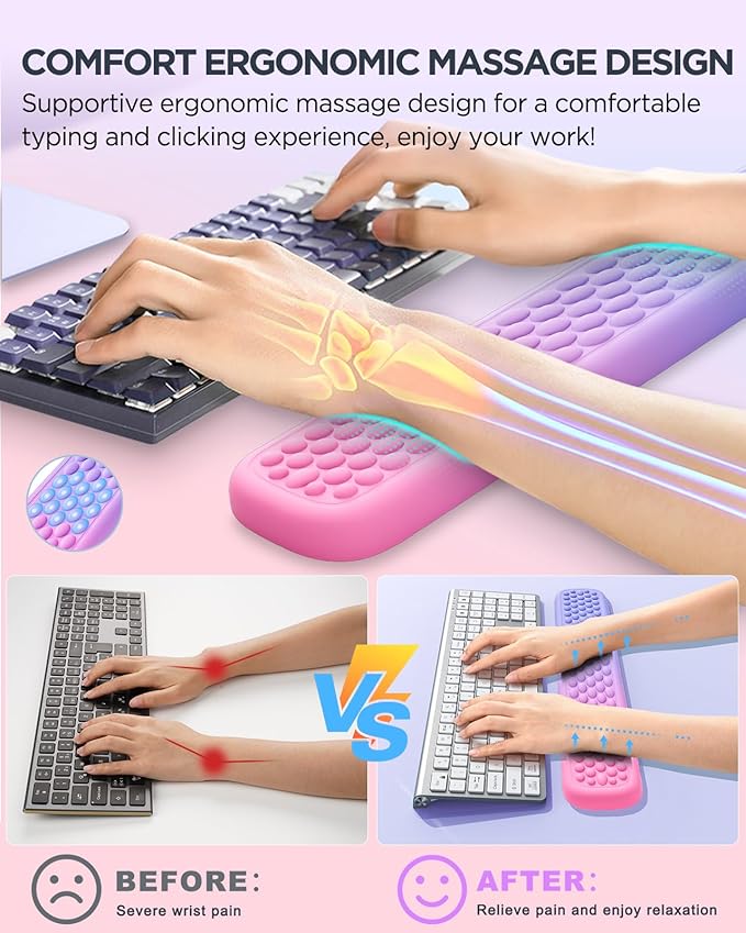Lekvey Ergonomic Gaming Wrist Rest for Computer Keyboard & Mouse - Premium Silky Memory Foam Wrist Pad with Massage Points, Comfort Wrist Support for Typing, PC, Game (Pink/Purple)