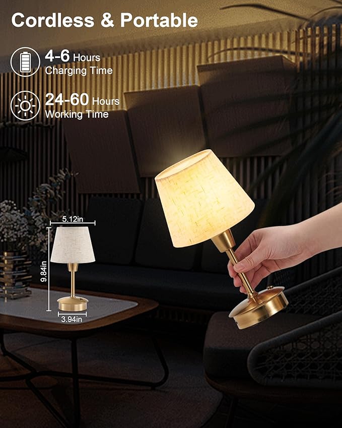2 Pack Small Cordless Table Lamp for Restaurant Dinner Table, 5200mAh Battery Operated Lamps, Rechargeable Portable Dimmable Touch Bedside Night Light for Side End Table Dining Room Patio Outdoor