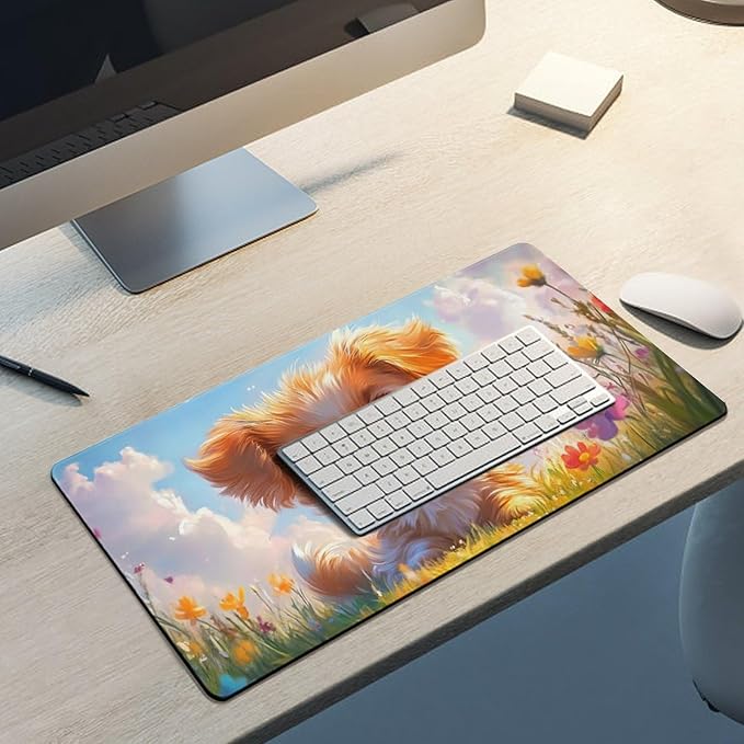 Large Ergonomic Gaming Mouse Pad Charming Fluffy Dog in Bright Meadow - Cute Pet Theme with Non-Slip Base Water-Resistant Surface and Stitched Edges 30x60cm