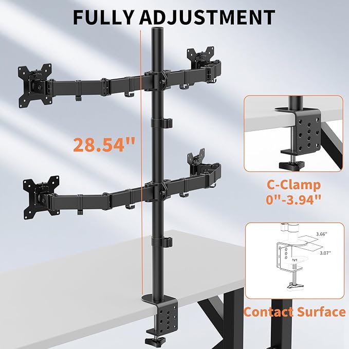 Quad Monitor Mount Heavy Duty Adjustable 4 Desk Monitor Stand for 13"-27" Screen, Computer Monitor Mount Holds Up to 22lbs with C Clamp/Grommet Base
