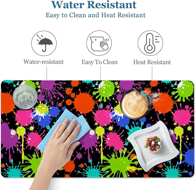 Desk Mat, Desk Matt for Desktop, Neon Paint Splatter XXL Large Gaming Mouse Pad with Non-Slip Rubber Base Stitched Edges Waterproof Keyboard Desk Pad for PC Gaming, Laptop, Computer, Work, Office
