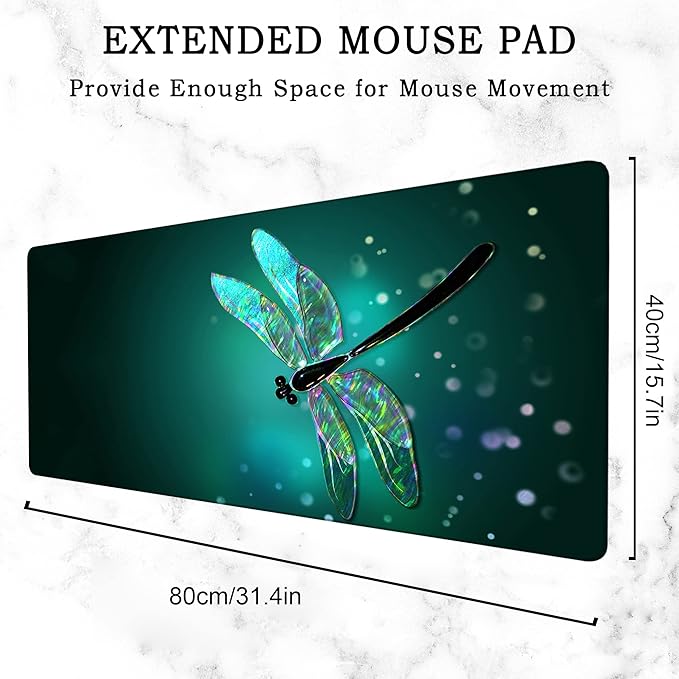 Dragonfly Gaming Desk Mat Large, Fantasy Green Dragonfly Extended Mousepad,Non-Slip Rubber Mouse Pad Stitched Edges,Desktop Decorative Accessories for Home Office 31.5" x 15.7"