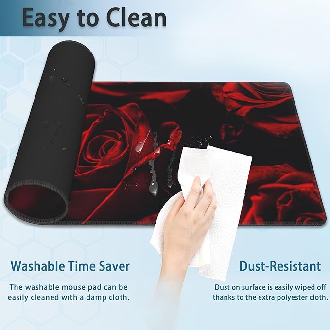 Rose Gaming Mouse Pad, Abstract Red Rose and Black Leaves Extended Mouse Pad Gaming Large,Big Desk Mat with Non-Slip Base and Stitched Edge,Computer Keyboard Mouse Mat for Home Office 31.5"x11.8"