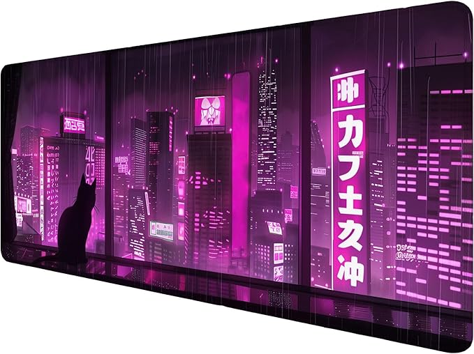 Purple Anime Desk Pad Mouse Pad Japanese Cat Night Tokyo Extended Gaming Mouse Pad Mat with Stitched Edge Non-Slip Base Big Mouse Pad 31.5"x11.8" Office Computer Keyboard Laptop Home