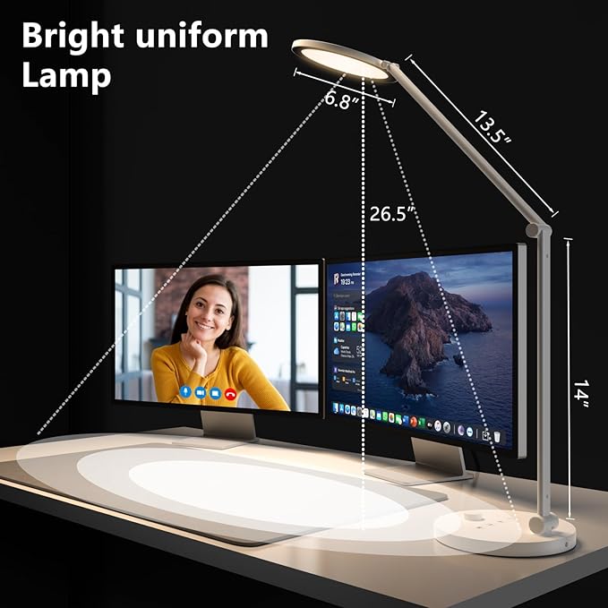 Desk Lamp for Home Office, Metal Swing Arm Desk Light, 3 Mode Stepless Dimming Desktop Lamp, 14W 1200LM Computer Task LED Lamp, Desk Ring Light for Streaming, Podcasting, Video Calls, Conference