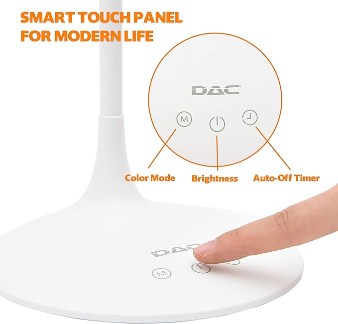 DAC LED Desk Lamp, Eye Care Table Lamp, 360 Degree Flexible Gooseneck, Continuously Dimmable, 3 Color Modes, Touch-Sensitive Control Panel, 40-Minute Auto Shut-Off Timer, White, 6W