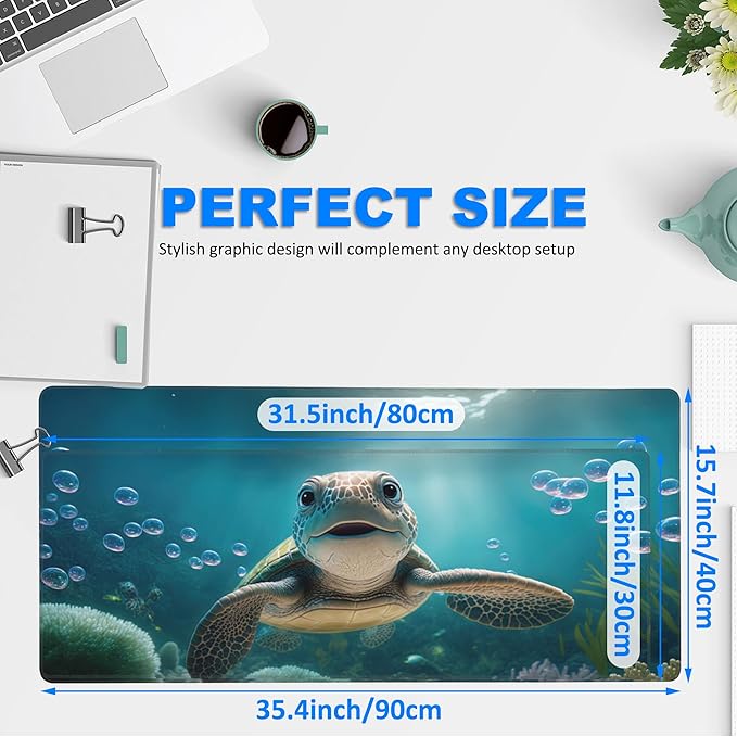 Desk Mat, Cute Turtle Smiling Under The Sea Extended Gaming Mouse Pad Large, 35.4"x15.7" Big Mouse Pad with Non-Slip Base and Stitched Edge, Long Computer Keyboard Mouse Mat for Home Office Work