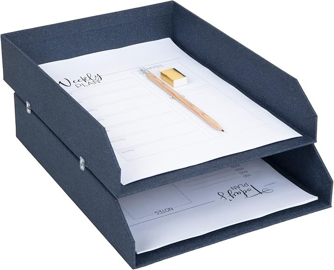 Bigso Box of Sweden Hakan Canvas Letter Trays - Pack of 2 - Desk Paper Organizer Tray with Stable Rubber Feet for A4 or Letter Size Documents - 9.1in x 12.2in x 2.4in - Blue