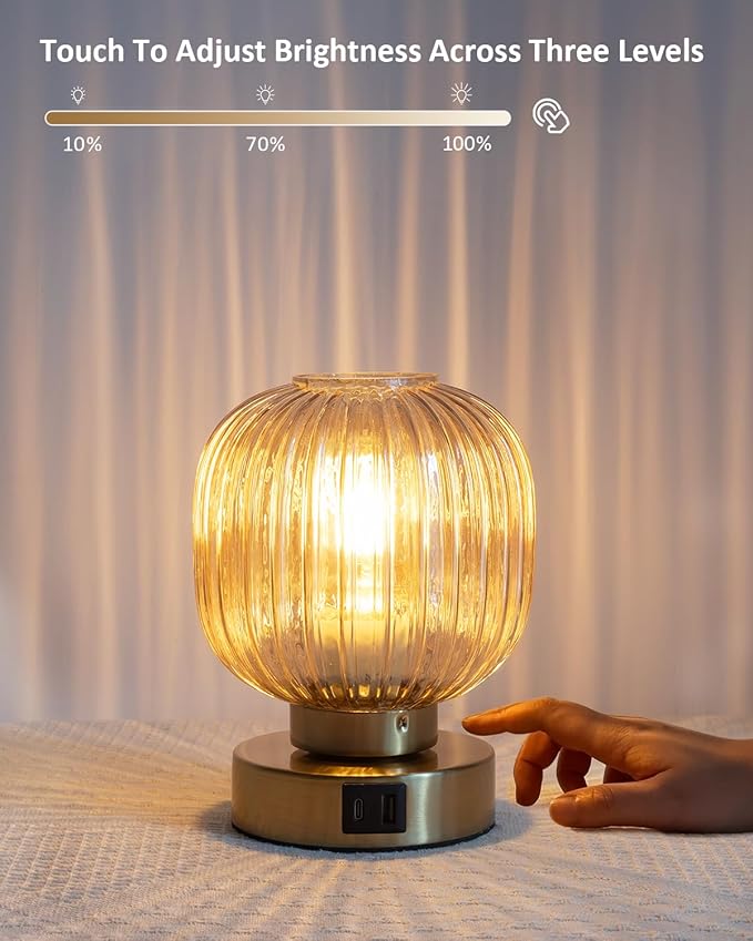 Touch Control Small Table Lamp Set of 2, Elegant Gold Glass Bedside Lamp 3 Way Dimmable with USB C+A Charging Ports - Bedroom Nightstand & Living Room Essential, 4W Bulb Included