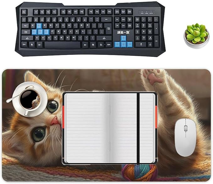 Large Ergonomic Gaming Mouse Pad Curious Kitten Playtime - Cute Cat Theme with Non-Slip Base Water-Resistant Surface and Stitched Edges 40X75cm