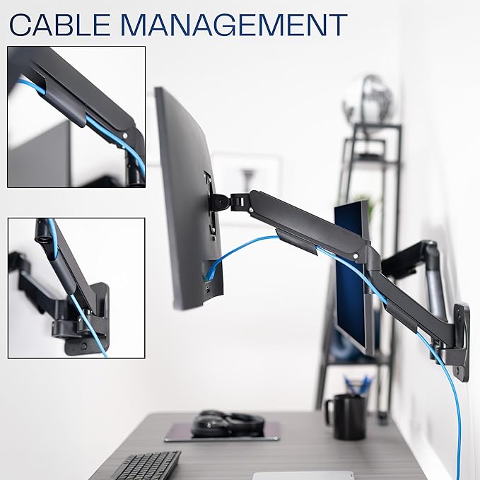 VIVO Height Adjustable Mechanical Extended Arm Dual Monitor Wall Mount Full Motion Articulating, Fits 2 Screens 17 to 32 inches, Black, MOUNT-V002G