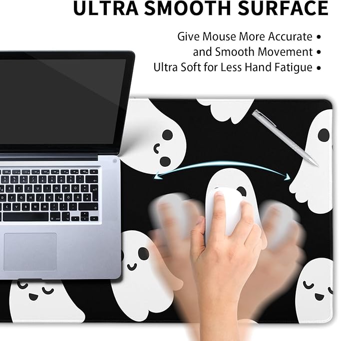 Halloween Cute Ghost Mouse Pad Kawaii Cartoon Spooky Funny Spirit Extended Desk Mat Non-Slip Rubber Base Stitched Edge Large XXL Black White Mousepad for Gaming Laptop Computer Desktop 35.4×15.7 in