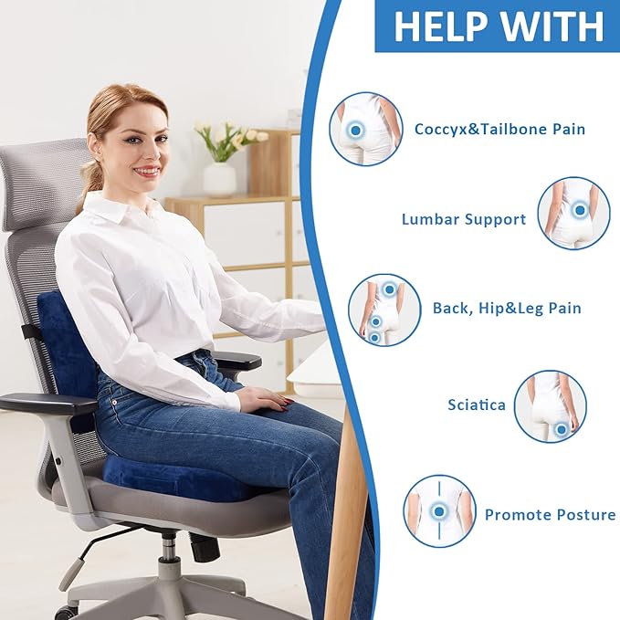 SAIREIDER Chair Cushion and Lumbar Support Pillow for Office Chair, Car Seat Cushions Back Support Pillows, Memory Foam Chair Support for Back & Lumbar, Ergonomic Coccyx & Lumbar Support (Blue)
