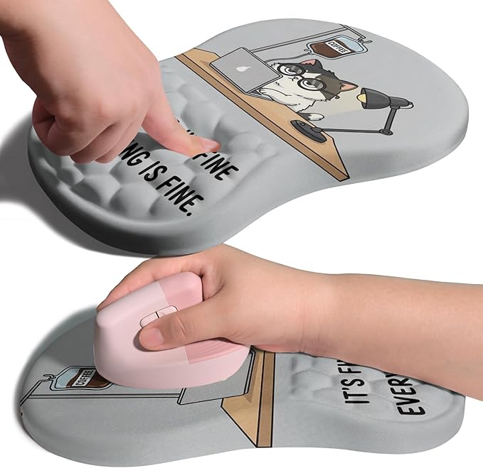 Ergonomic Joint Wrist Support Mouse Pad with Memory Foam Cushion Massage Bump, Carpal Tunnel Wrist Support Mousepad Slope Design for Wrist Rest, 11.8x7.9 in, Funny Coffee Cat