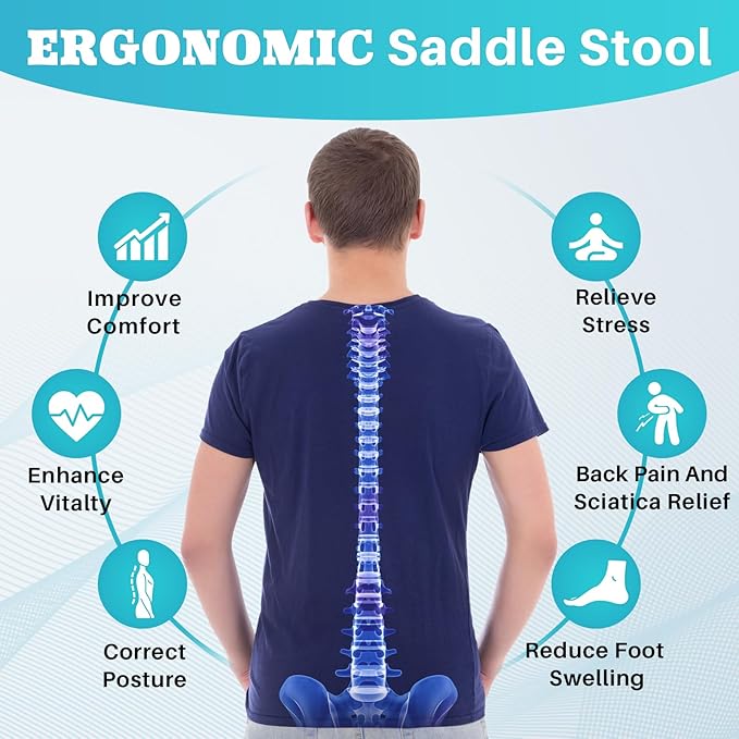 YEEZEE Saddle Stool Ergonomic- Comfortable Rolling Saddle Stool with Wide Thick Saddle Seat Padding, Swivel Adjustable Saddle Chair with Wheels and Ring Pedal for Medical Massage Salon (Blue)