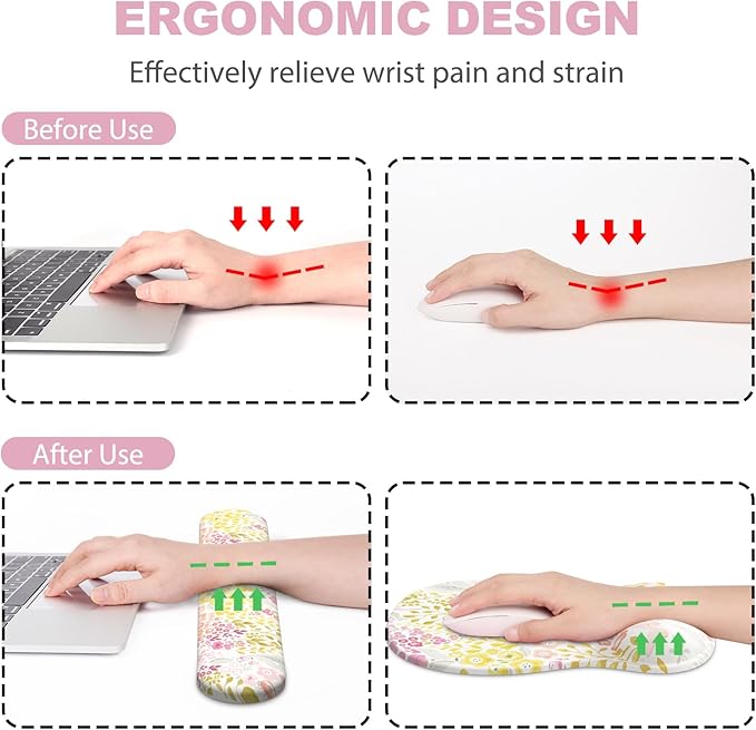 Ergonomic Mouse Pad with Wrist Rest and Keyboard Wrist Rest, Gel Mousepad and Wrist Rest for Computer Keyboard, Non-Slip PU Base, Mouse Pad Wrist Support for Gaming, Pink Yellow Flowers