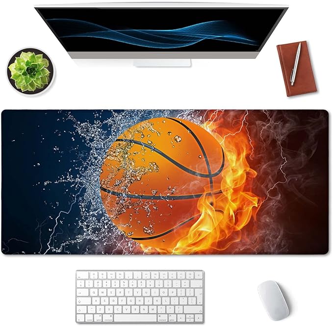SSOIU Extended Gaming Mouse Pad (35.5x15.7 in), Basketball Ball in Fire and Water Large Non-Slip Rubber Base Mousepad with Stitched Edges, Waterproof Keyboard Mouse Mat Desk Pad for Work, Game, Office