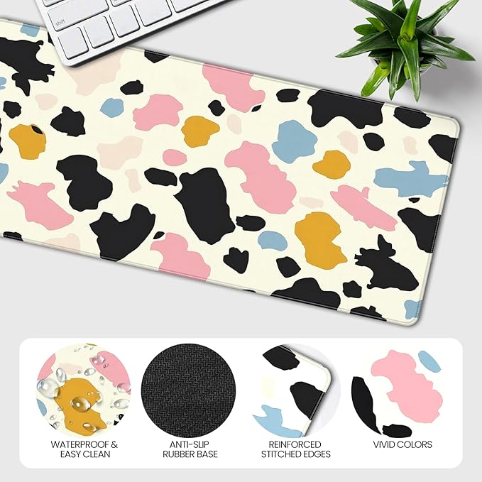 XXL Gaming Mouse Pad, Colored Spots Design, 35.4 x 15.7 Inches, Microfiber Cloth, Non-Slip Rubber Base, Rectangular Extended Desk Mat