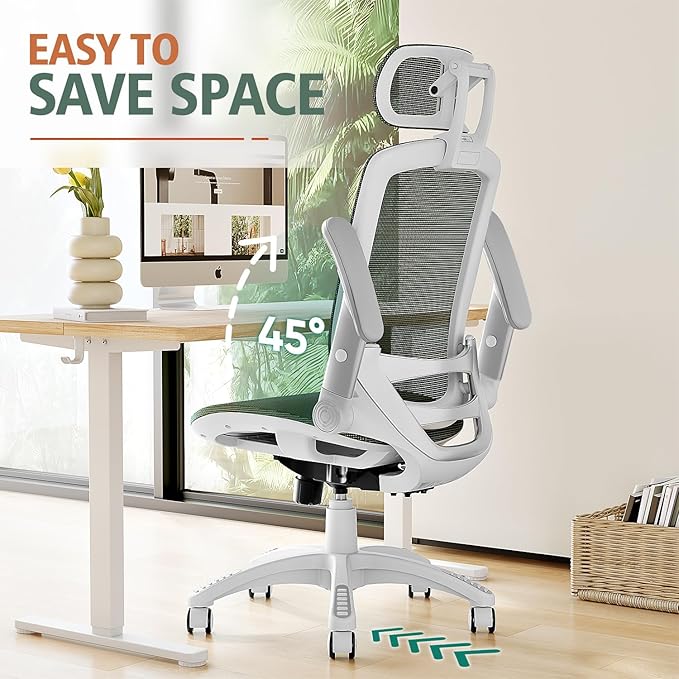 GABRYLLY Ergonomic Office Chair, High Back Home Desk Chair with Headrest, Flip-Up Arms, 90-120° Tilt Lock and Wide Cushion, 300LBS Mesh Chairs for Man Woman, White Task Chair(Olive Green,GY01WOG)
