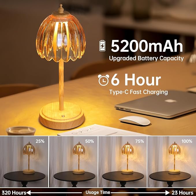 Tulip Table Lamp with 5200mAh Battery & Touch Control, Small Cordless Table Lamp with 3 Colors, Rechargeable Battery Operated Table Lamps for Bedroom, Desk, Bedside (Amber-Beech Color)