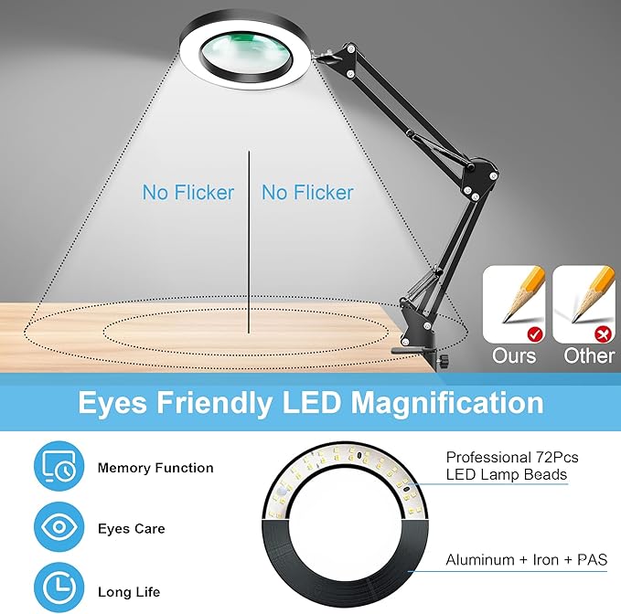 10X Magnifying Glass with Light and Clamp, Real Glass LED Lighted Magnifier, 3 Color Modes 10 Level Dimmable, Magnifying Lamp with Clamp for Reading Craft Hobby Close Work, Black