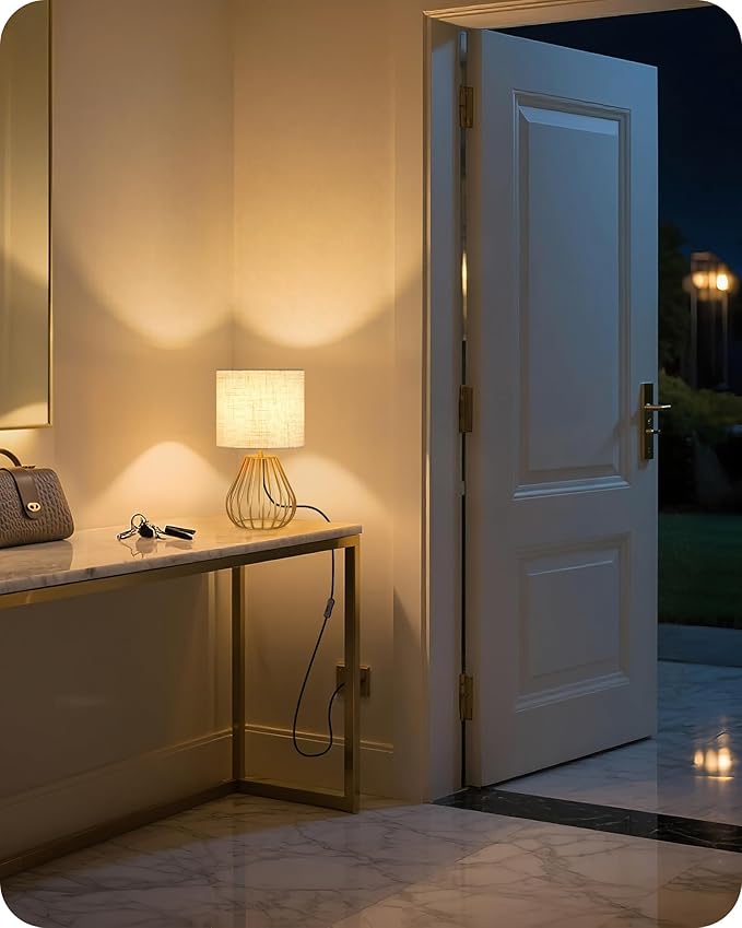Gold Table Lamp, 12.6'' Small Table Lamp with Beige Linen Lampshade & Gold Cage Base, Modern Little Cute Desk Lamp, Bedside Lamp for Bedroom, Living Room, 2700K LED Bulb Included, DE06TL05