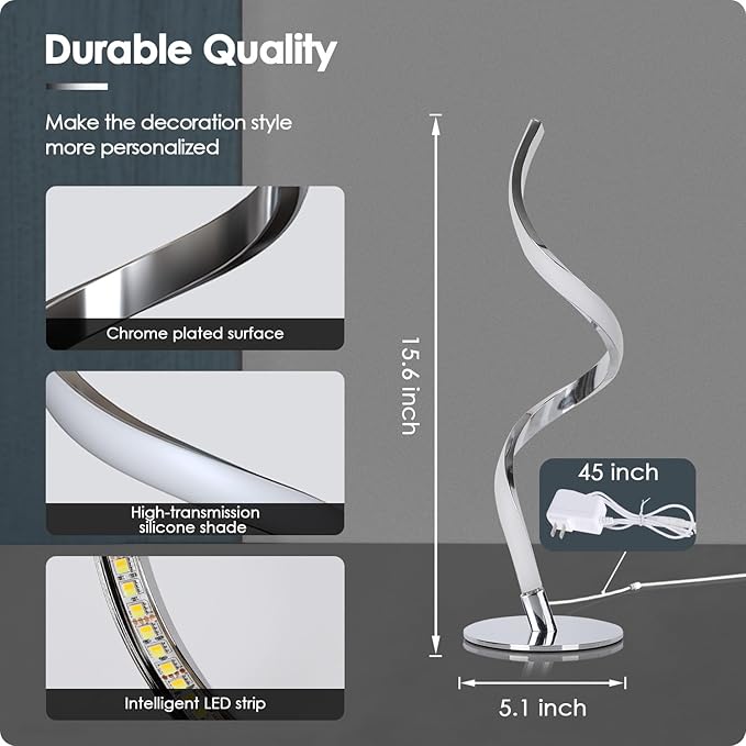 Yarra-Decor Modern Spiral Bedside Lamp - 3 Colors Touch Control LED Table Lamp, Stepless Dimmable Nightstand Lamps for Bedroom Living Room & Office(3000K 4000K 5000K) (Silver 2 Pack)
