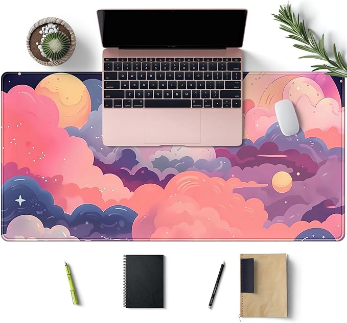 Cute Desk Mat Kawaii Clouds Pink Purple Desk Pad Anime XXL Large Mouse Pad Big Full Desk Gaming Mousepad Laptop Computer Keyboard Mouse Mat 31.5''X 15.7'' Cute Desk Decor Accessories