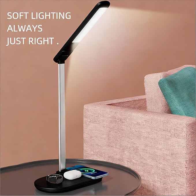 3-in-1 Wireless Charging Desk Lamp,15W Qi Fast Charger for Phone/Watch/Earbuds,Adjustable LED Light with 3 Colors & Stepless Dimming,Flexible Gooseneck,Touch Panel,HYT2096 Black.