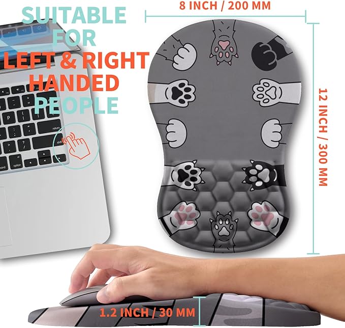 Ergonomic Mouse Pad Wrist Support with Memory Foam Massage Bulge, Carpal Tunnel Mousepad Wrist Rest for Mouse(12x8 inch, Paw)