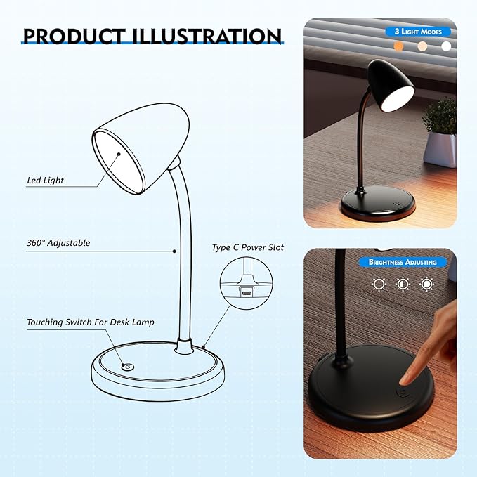 LED Desk Lamp for Home Office,3 Light Colors,Table Lamp,Dimmable Reading Light for Bedside Small Desk Lamp for College Dorm Room,Bedroom Desk Light,Black