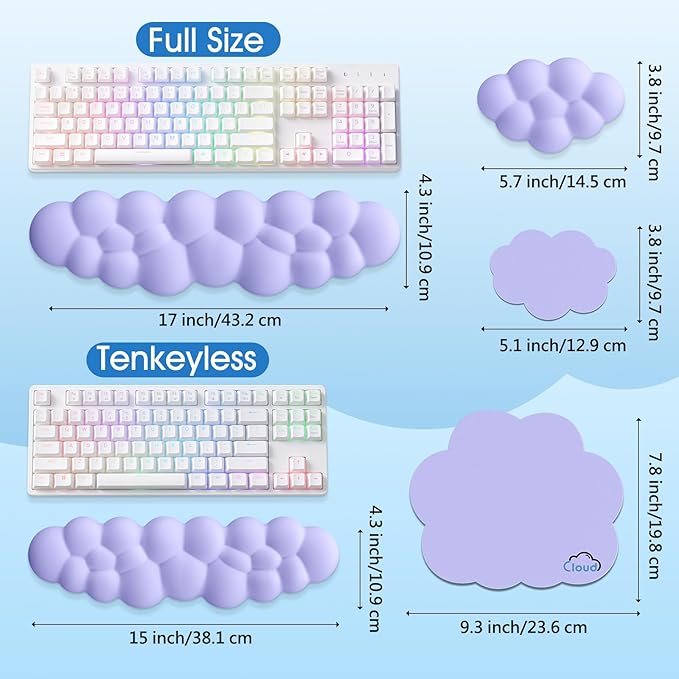 Cloud Wrist Rest Keyboard Cushion, 4-in-1 Ergonomic Cloud Keyboard Wrist Rest and Mouse Pad Set with Memory Foam Arm Support for Palm, Cute Desk Accessory for PC Gaming Setup, Purple