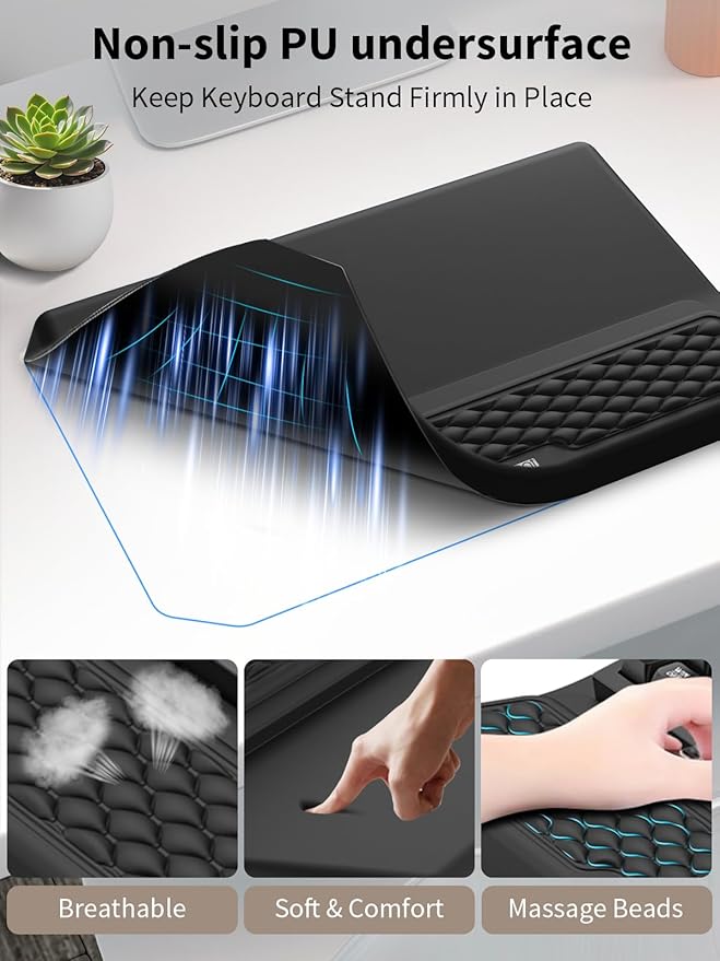 3-in-1 Ergonomic Keyboard Stand with Wrist Rest & Mouse Pad Set, Comfy Keyboard Riser Holder Soft Mousepad with Massage Design, Memory Foam and Non-Slip PU Base for Wrist Support, Black