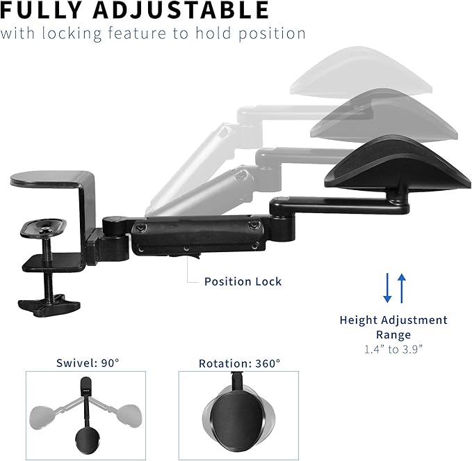 VIVO 2 Pack Clamp-on Adjustable Armrests, Universal Desk Cradle 360° Rotating Elbow Platform, Arm Support Steel Base Table Extension, Black, MOUNT-ARM02P