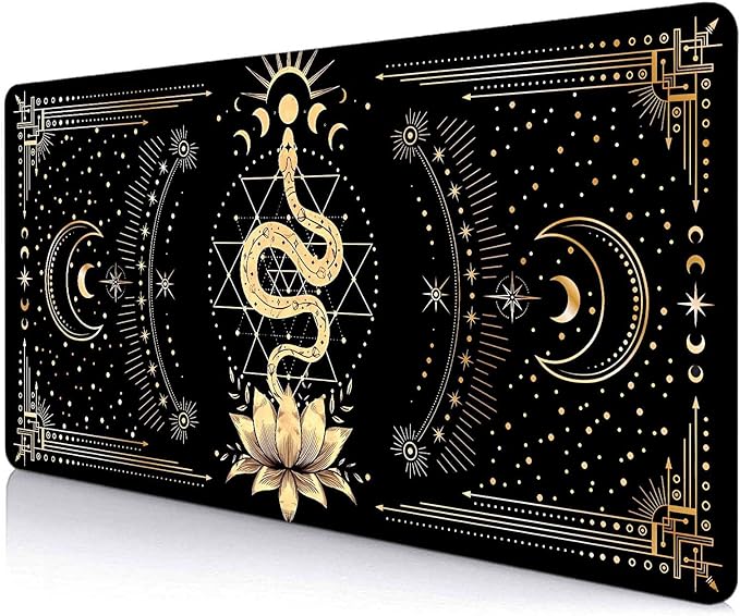 Black & Gold Large Mouse Pad, Boho Snake Witch Desk Mat for Desktop, Women Gaming Full Desk Mousepad, Moon Phases Computer Laptop Protector Writing Pad for School Office Home 35.4x15.7 in