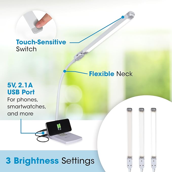 Ottlite Swivel LED Desk Lamp with USB Charging and Stand - ClearSun LED Technology - Adjustable & Flexible Neck, Touch Switch, Dimmable & Integrated Phone Holder - Desk Lamp for Work, Study & Reading