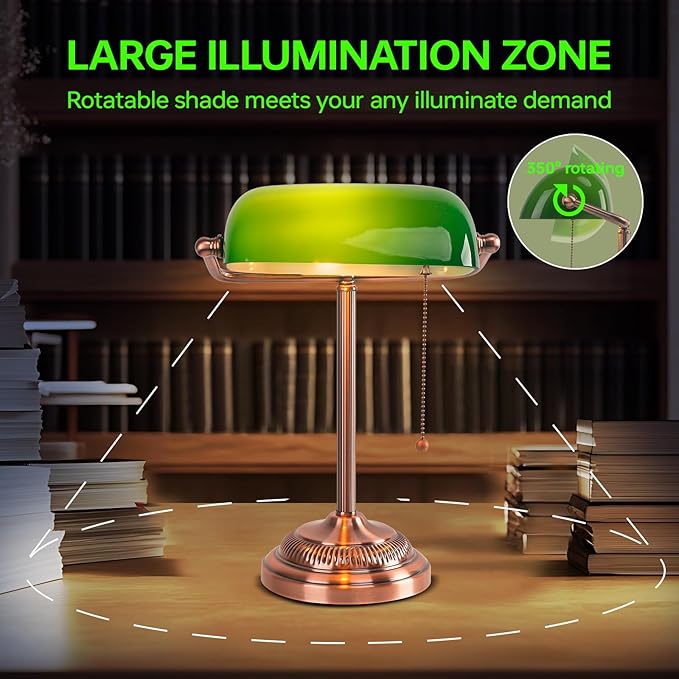 FIRVRE Green Glass Bankers Desk Lamp, Traditional Banker's Lamp, Vintage Desk Lamp with Pull Chain Switch, Retro Table Lamps for Home Office, Library, Piano