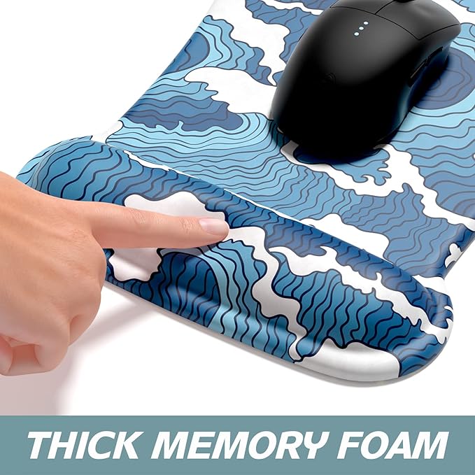 ITNRSIIET Mouse Pad Wrist Support Keyboard Wrist Rest Pad Ergonomic Mousepad Non-Slip Memory Foam Keyboard Pad Easy Typing Pain Relief Perfect for PC Laptop Gaming Office, Japanese Style Waves
