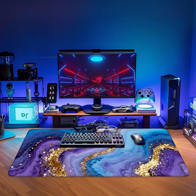 Blue Marble Extended Gaming Mouse Pad 35.4x15.7Inch Large Desk Mat Anti-Slip Rubber Base & Durable Stitched Edges for Gamers Smooth Mouse Writing Surface for Desk Office/Home