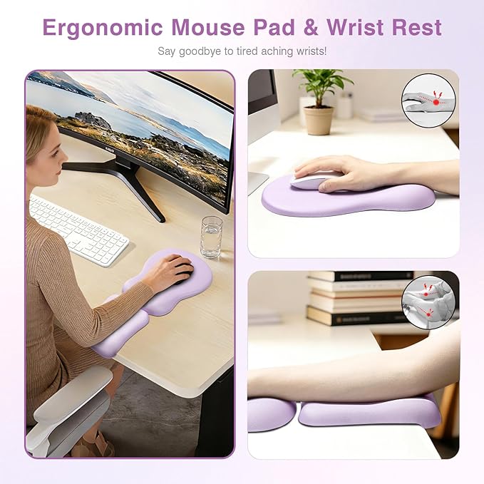 Ospelelf Mouse Pad with Wrist Rest Set Foam L-Shaped Desk Elbow Pad Ergonomic Desk Edge Cushion Anti-Slip Rubber Bottom Office Women Desk Accessories for Computer, Laptop and Gaming, Purple