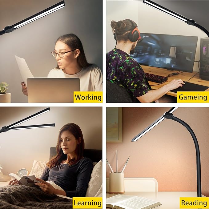 Double Head LED Desk Lamp for Office - Eye Caring Lamp with Clamp, Flexible Adjustable Lighting Gooseneck Desk Light, 4 Color Modes & 5 Brightness Levels for Monitor Workbench Study Reading