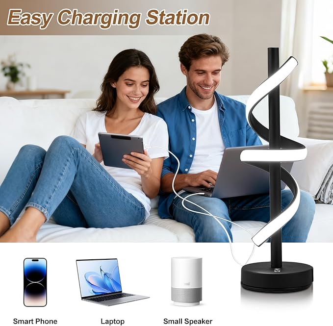 LED Modern Table Lamp, Dimmable Spiral LED Table Lamp, 3 Colors Touch Control, Modern Nightstand Lamp with USB/Type C for Bedroom Living Room