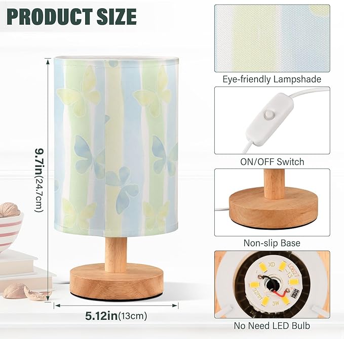 Pastel Stripe LED Table Lamp, Bedside Lamp with Linen Lampshade, Flicker-Free Eye Care USB Plug in Nightstand Lamp, for Bedroom and Office