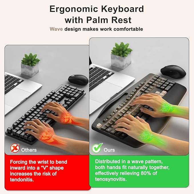 Wireless Keyboard and Mouse Combo, 2.4G Full Size Wave Keys Ergonomic Keyboard with Wrist Rest, Phone Holder, 3-Level DPI Wireless Silent Mouse with 6-Buttons, for Windows (Latte Black)