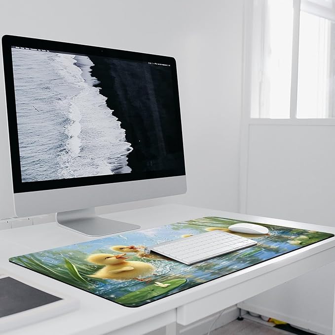 Large Ergonomic Gaming Mouse Pad Playful Ducklings in Pond - Cute Waterfowl Theme with Non-Slip Base Water-Resistant Surface and Stitched Edges 40x90cm