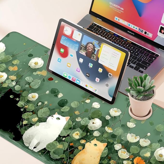 Desk Mat, XXL Extended Gaming Pad for Desktop, 31x12 Inches Floral Cats Three Kittens with Flowers, Large Non-Slip Vegan Leather Surface with Stitched Edges, Keyboard Mouse Mat for Home Office