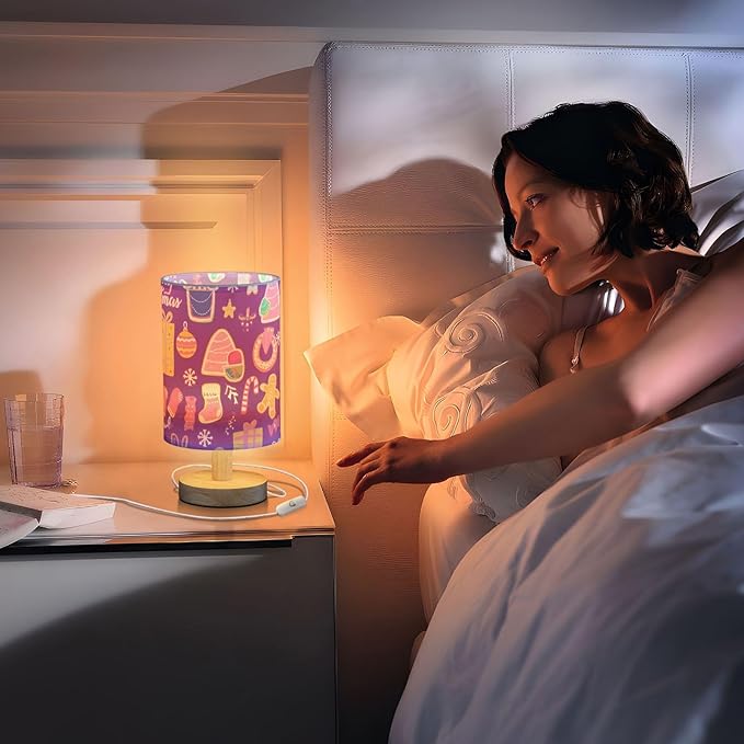 Christmas Cartoon LED Table Lamp, Bedside Lamp with Linen Lampshade, Flicker-Free Eye Care USB Plug in Nightstand Lamp, for Bedroom and Office