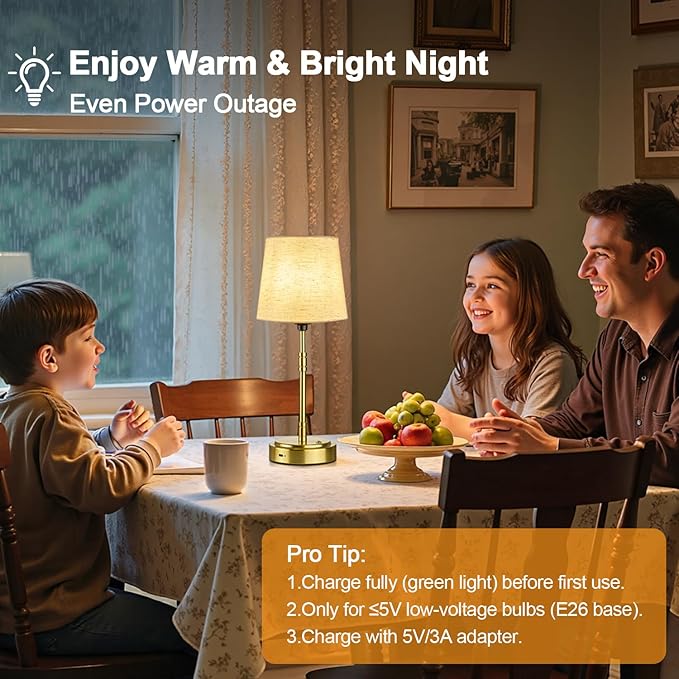 Cordless Table Lamps Set of 2 – Battery Operated Lamp with 7500mAh Rechargeable Battery, Stepless Dimmable Brushed Gold Lamps with Beige Shade, Wireless Lamps for Dining Room(Bulbs Included)